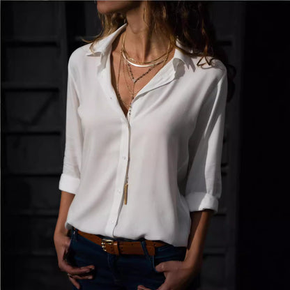 Ladies' Long Sleeve Deep V-Neck Buttoned Chiffon Blouse eprolo
