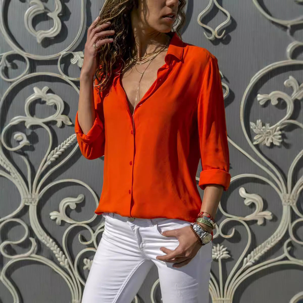 Ladies' Long Sleeve Deep V-Neck Buttoned Chiffon Blouse eprolo
