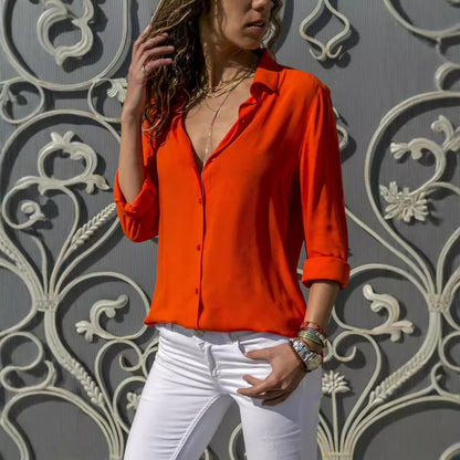 Ladies' Long Sleeve Deep V-Neck Buttoned Chiffon Blouse eprolo