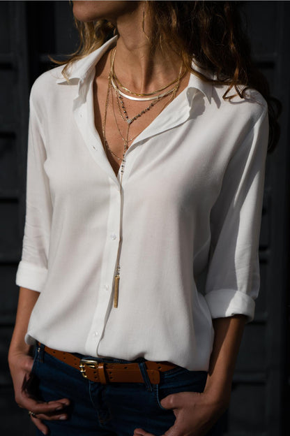 Ladies' Long Sleeve Deep V-Neck Buttoned Chiffon Blouse eprolo
