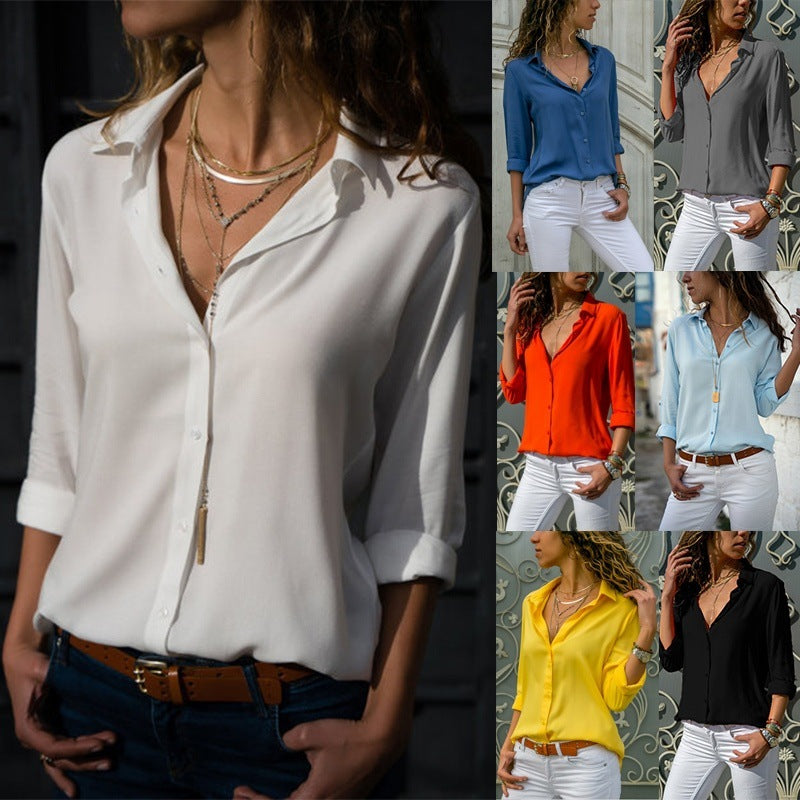 Ladies' Long Sleeve Deep V-Neck Buttoned Chiffon Blouse eprolo