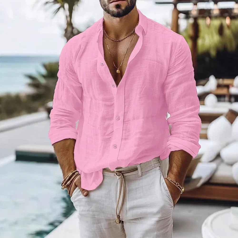 Cotton Linen Shirt for Men Summer Beach Style Solid Color Single Breasted Breathable Shirts Lightweight Stylish Button Tops FOREVRYNG ®