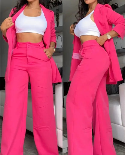 Pants Sets Two Piece Women Cardigan Blazer Button Turn Down Collar Coat Wide Leg Pants Pockets Solid Elegant Suit Office Lady FOREVRYNG ®