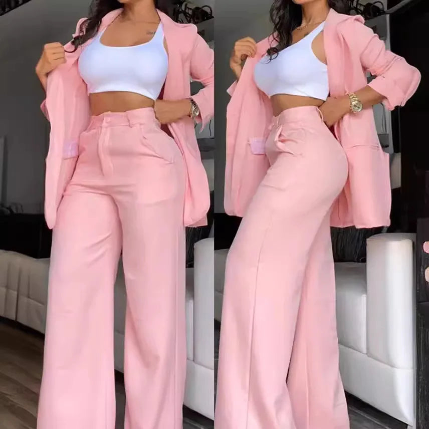 Pants Sets Two Piece Women Cardigan Blazer Button Turn Down Collar Coat Wide Leg Pants Pockets Solid Elegant Suit Office Lady FOREVRYNG ®