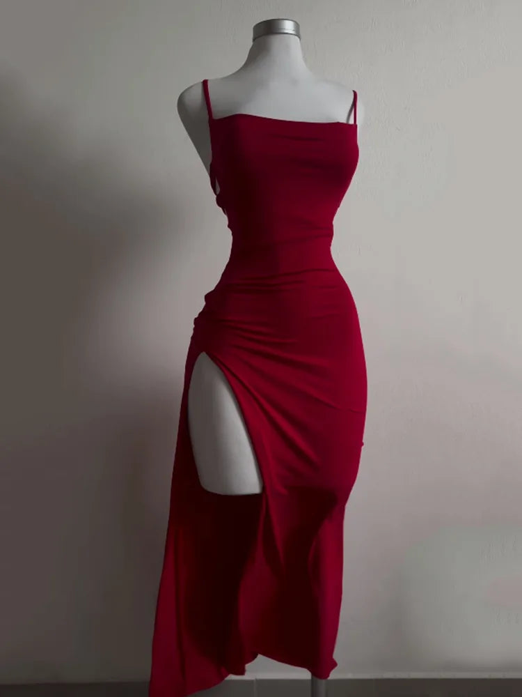 Sexy Backless Lace Up Long Dress Women Split Sleeveless Bodycon Party Club Evening Dresses High Street Female Suspender Robes FOREVRYNG ®