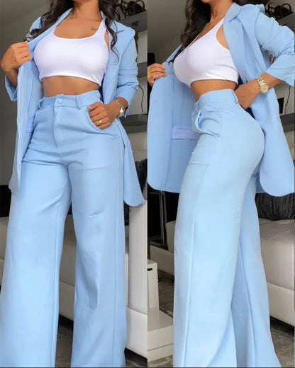 Pants Sets Two Piece Women Cardigan Blazer Button Turn Down Collar Coat Wide Leg Pants Pockets Solid Elegant Suit Office Lady FOREVRYNG ®