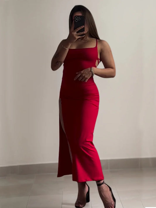 Sexy Backless Lace Up Long Dress Women Split Sleeveless Bodycon Party Club Evening Dresses High Street Female Suspender Robes FOREVRYNG ®