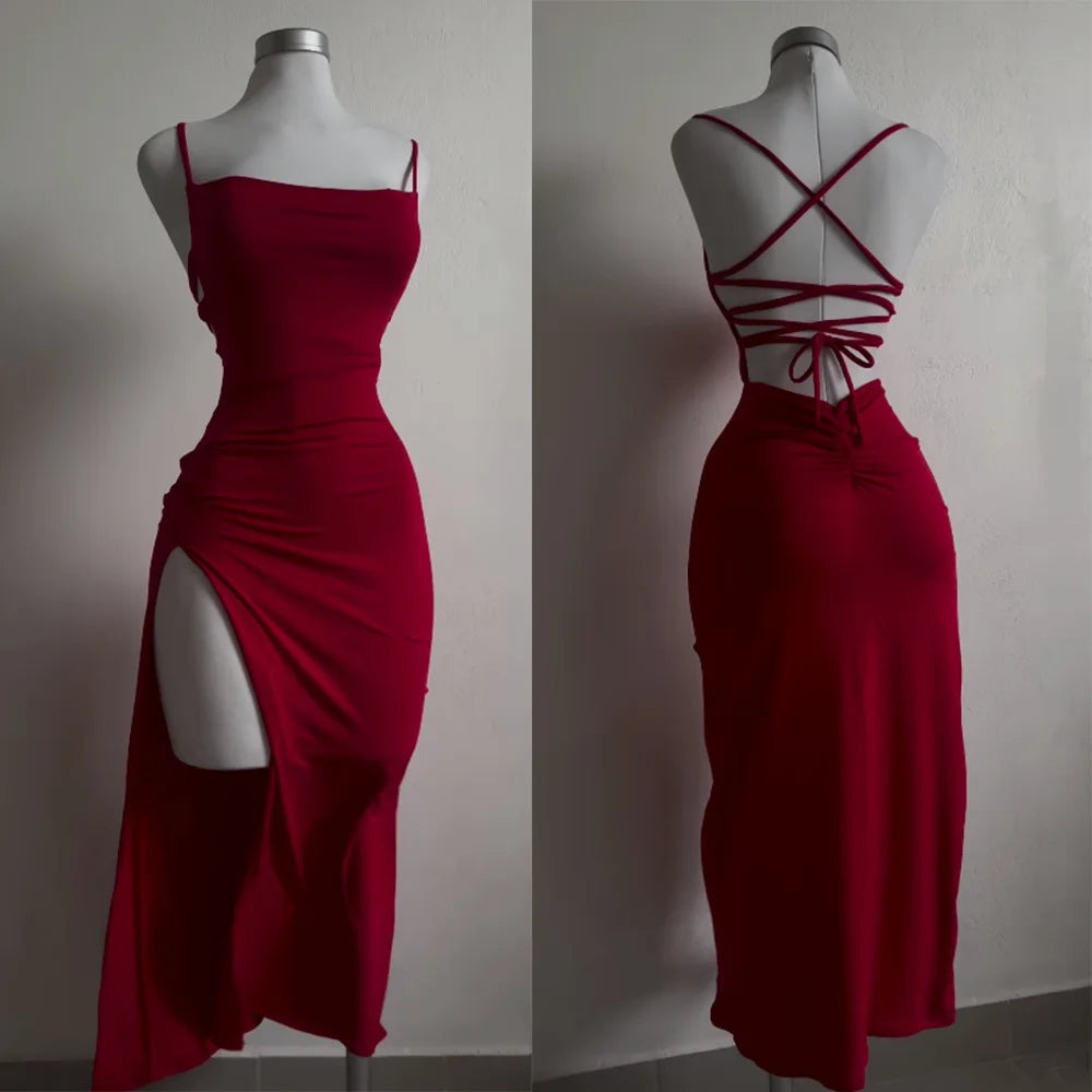Sexy Backless Lace Up Long Dress Women Split Sleeveless Bodycon Party Club Evening Dresses High Street Female Suspender Robes FOREVRYNG ®