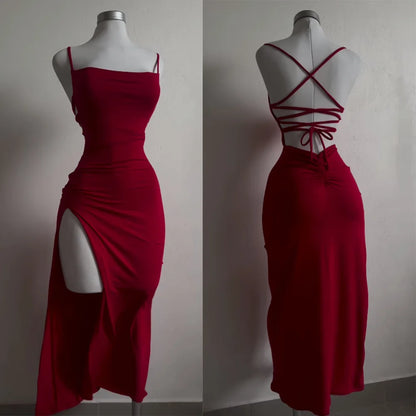 Sexy Backless Lace Up Long Dress Women Split Sleeveless Bodycon Party Club Evening Dresses High Street Female Suspender Robes FOREVRYNG ®