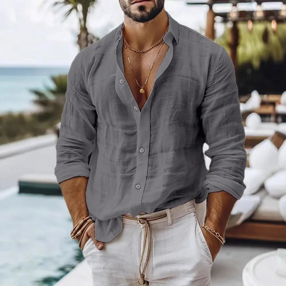Cotton Linen Shirt for Men Summer Beach Style Solid Color Single Breasted Breathable Shirts Lightweight Stylish Button Tops FOREVRYNG ®