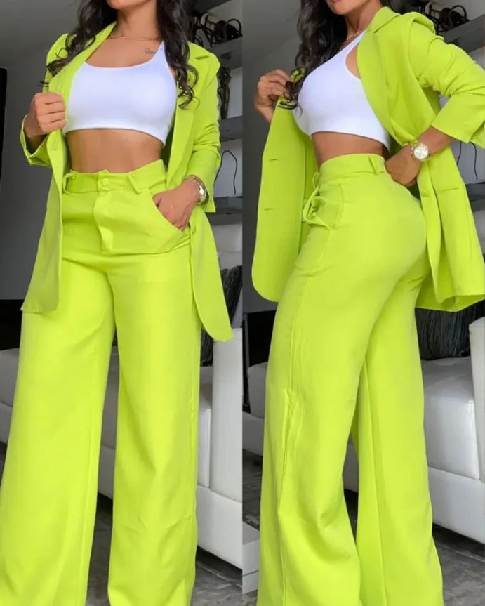 Pants Sets Two Piece Women Cardigan Blazer Button Turn Down Collar Coat Wide Leg Pants Pockets Solid Elegant Suit Office Lady FOREVRYNG ®