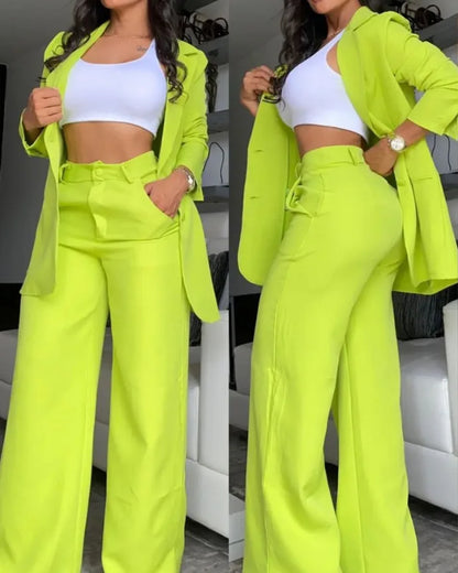 Pants Sets Two Piece Women Cardigan Blazer Button Turn Down Collar Coat Wide Leg Pants Pockets Solid Elegant Suit Office Lady FOREVRYNG ®