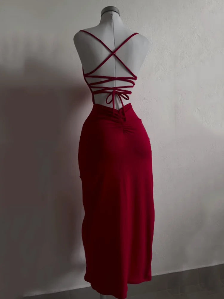 Sexy Backless Lace Up Long Dress Women Split Sleeveless Bodycon Party Club Evening Dresses High Street Female Suspender Robes FOREVRYNG ®