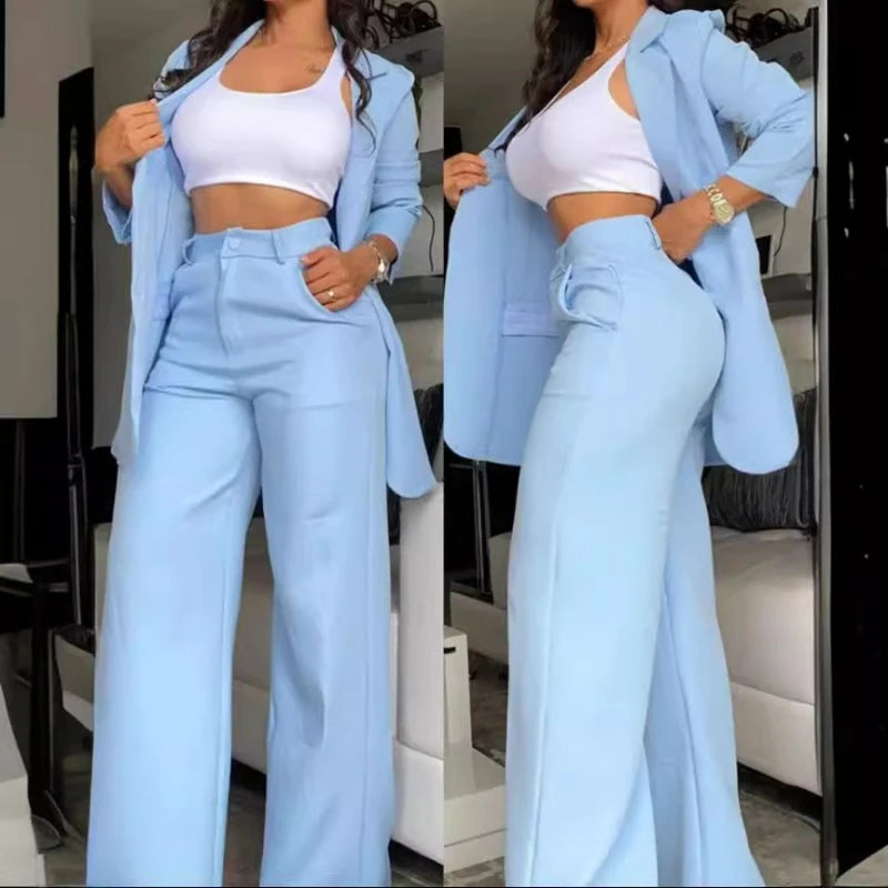 Pants Sets Two Piece Women Cardigan Blazer Button Turn Down Collar Coat Wide Leg Pants Pockets Solid Elegant Suit Office Lady FOREVRYNG ®