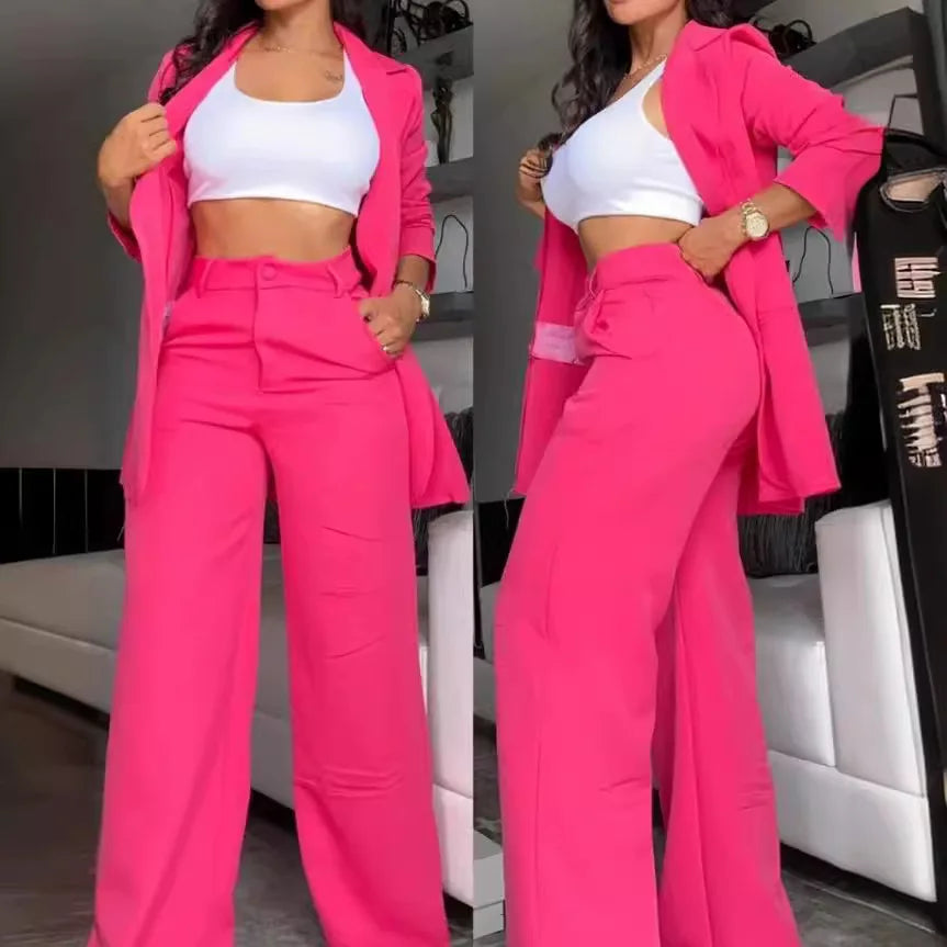 Pants Sets Two Piece Women Cardigan Blazer Button Turn Down Collar Coat Wide Leg Pants Pockets Solid Elegant Suit Office Lady FOREVRYNG ®