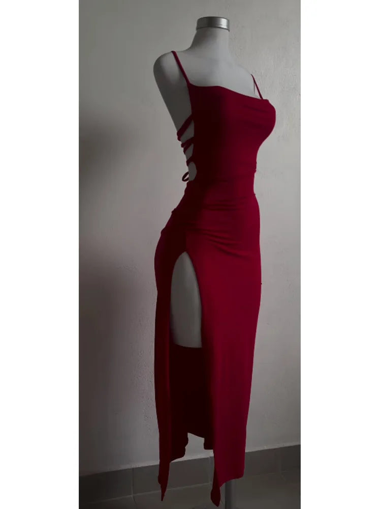 Sexy Backless Lace Up Long Dress Women Split Sleeveless Bodycon Party Club Evening Dresses High Street Female Suspender Robes FOREVRYNG ®