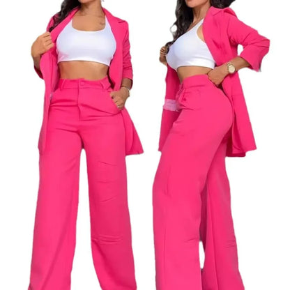 Pants Sets Two Piece Women Cardigan Blazer Button Turn Down Collar Coat Wide Leg Pants Pockets Solid Elegant Suit Office Lady FOREVRYNG ®