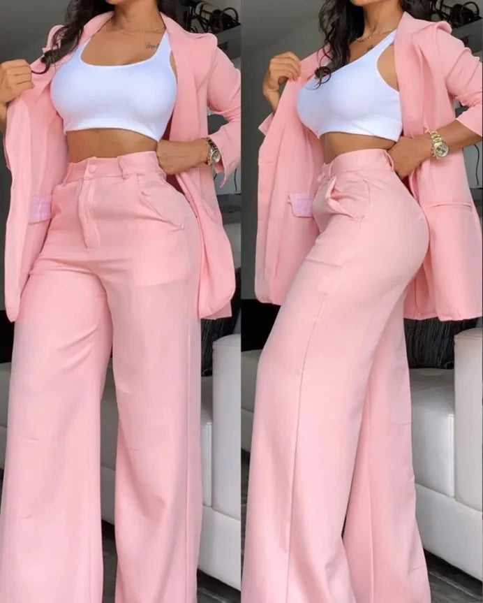 Pants Sets Two Piece Women Cardigan Blazer Button Turn Down Collar Coat Wide Leg Pants Pockets Solid Elegant Suit Office Lady FOREVRYNG ®