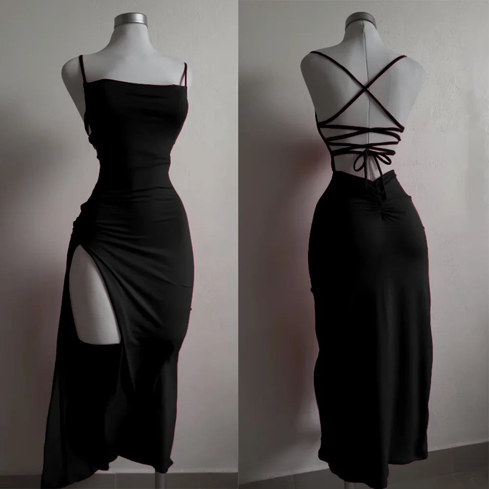 Sexy Backless Lace Up Long Dress Women Split Sleeveless Bodycon Party Club Evening Dresses High Street Female Suspender Robes FOREVRYNG ®