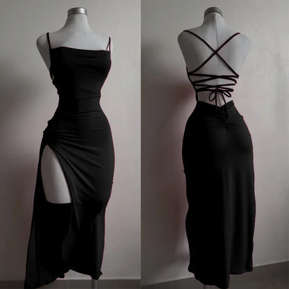 Sexy Backless Lace Up Long Dress Women Split Sleeveless Bodycon Party Club Evening Dresses High Street Female Suspender Robes FOREVRYNG ®