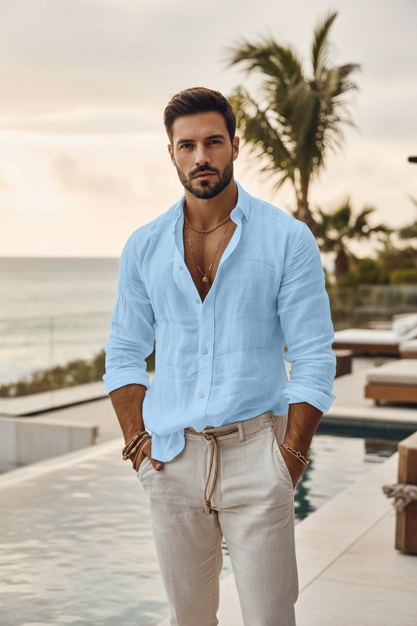 Cotton Linen Shirt for Men Summer Beach Style Solid Color Single Breasted Breathable Shirts Lightweight Stylish Button Tops FOREVRYNG ®